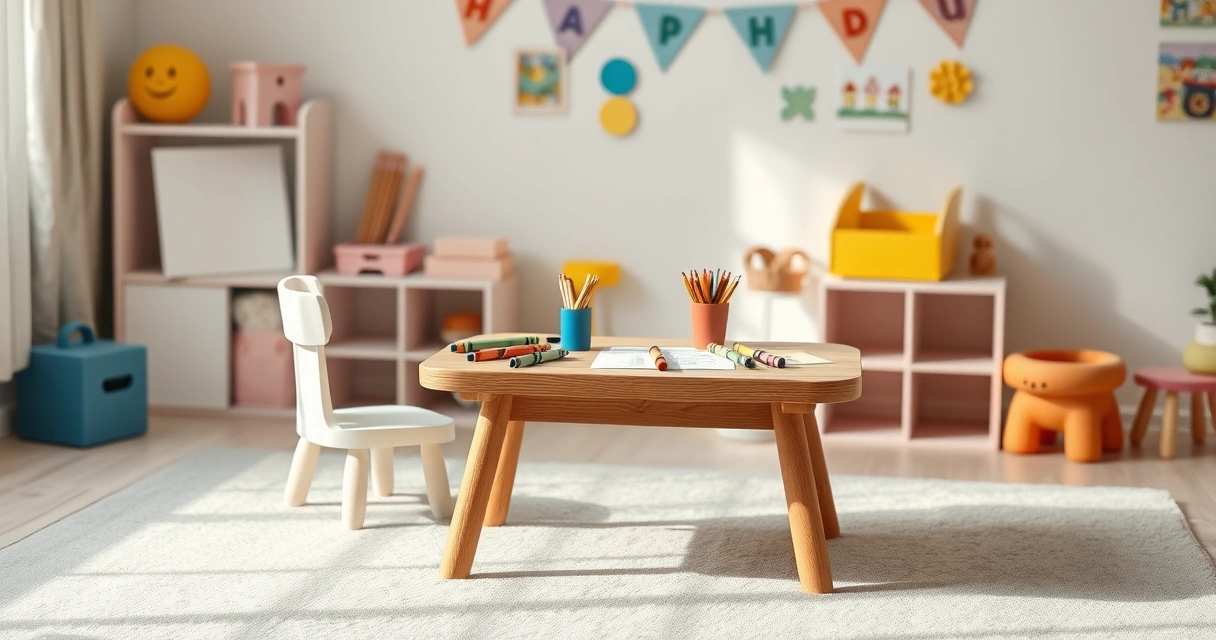 Mesinha com giz de cera e papel num quarto infantil