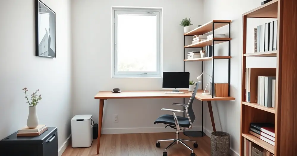 Escritório compacto em casa, com mesa, cadeira e prateleiras