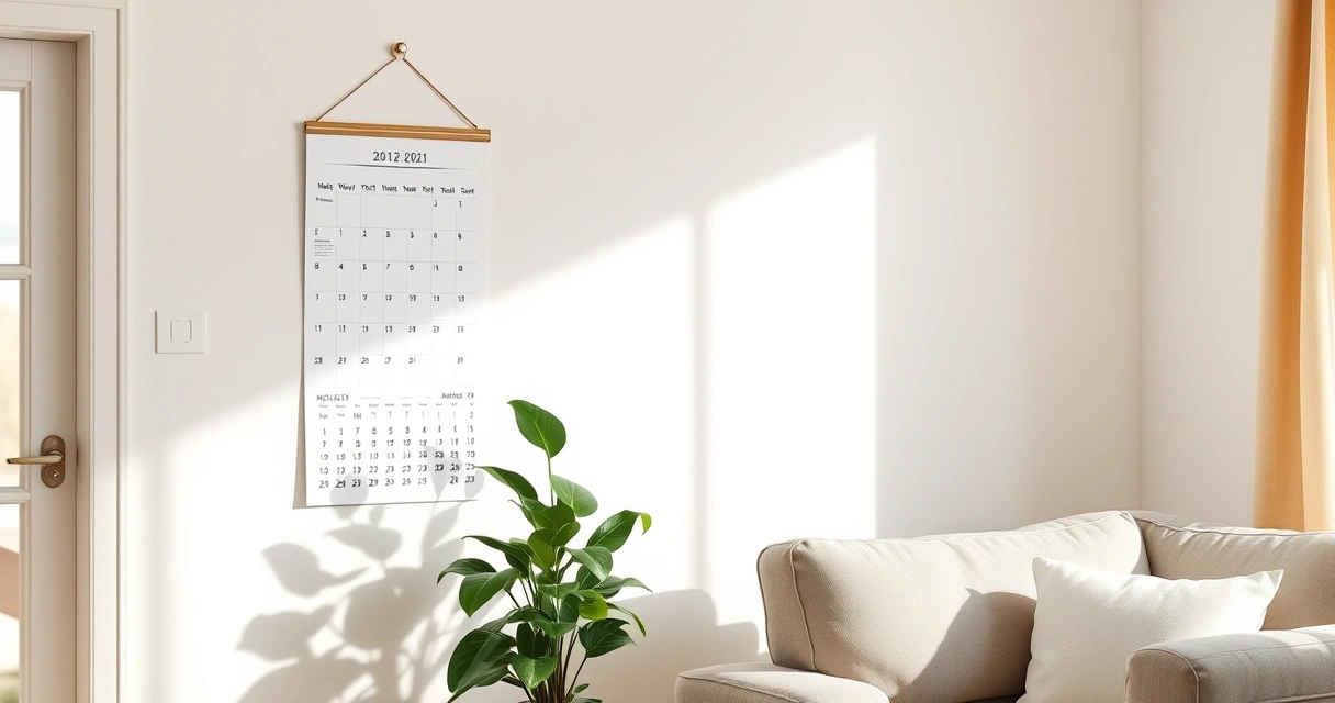 Calendário de parede e um vaso de planta no canto de uma sala