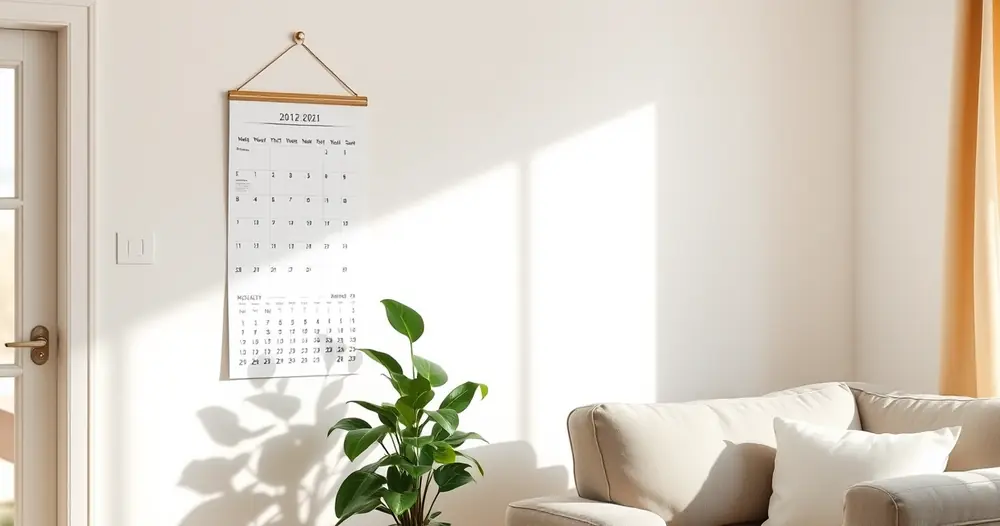 Calendário de parede e um vaso de planta no canto de uma sala
