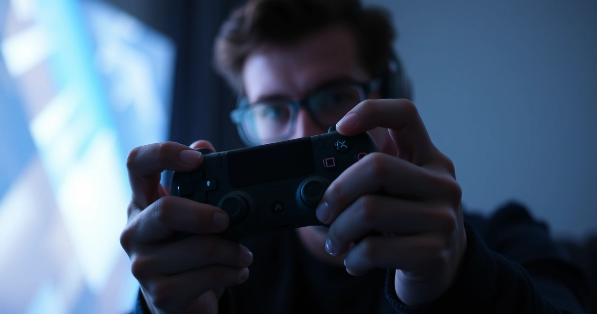 Mãos segurando um controle de videogame, com o brilho da tela ao fundo
