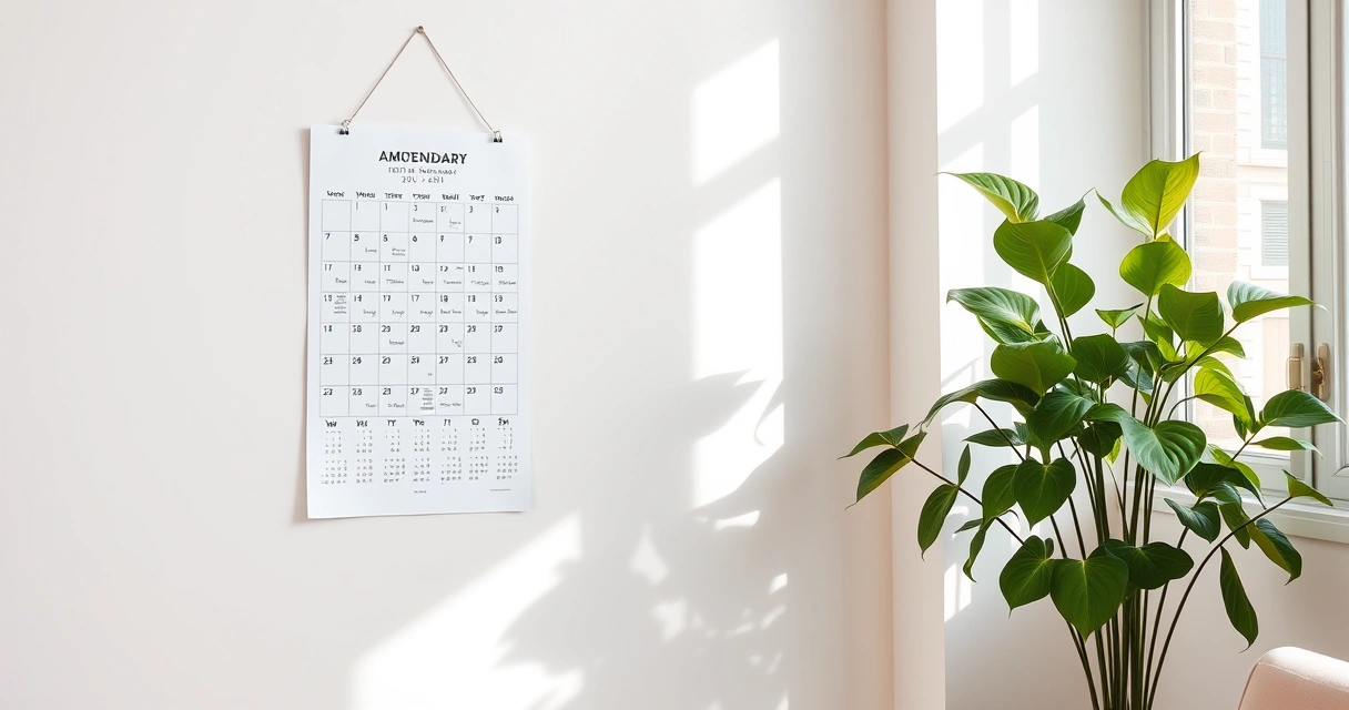 Calendário de parede e um vaso de planta no canto de uma sala