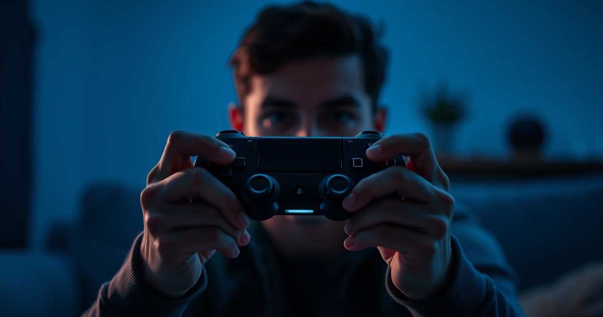 Mãos segurando um controle de videogame, com o brilho da tela ao fundo