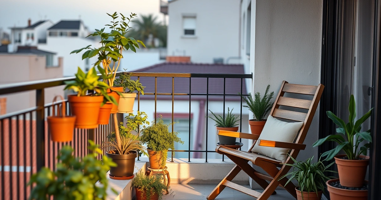Varanda pequena com plantas em vasos e uma cadeira de madeira