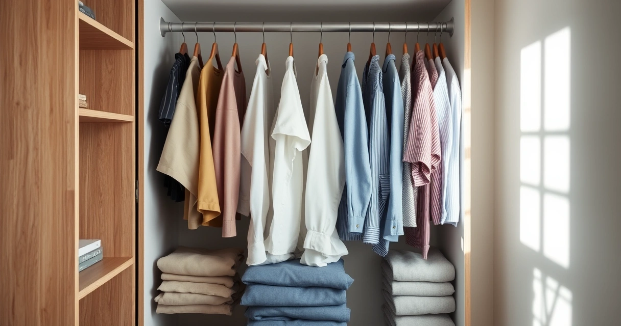 Roupas dobradas com cuidado dentro de um guarda-roupa aberto