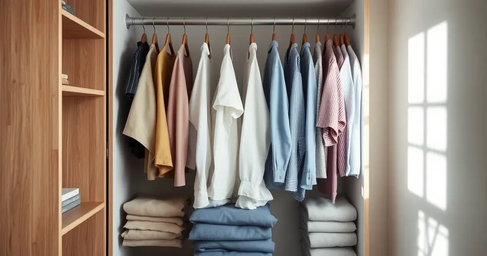 Roupas dobradas com cuidado dentro de um guarda-roupa aberto