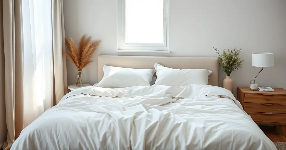 Cama arrumada com roupa de cama clara, num quarto tranquilo
