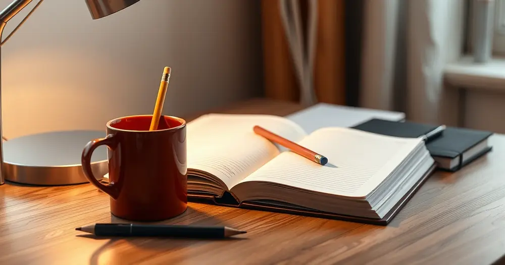 Caderno aberto, lápis e uma caneca sobre a mesa de estudo