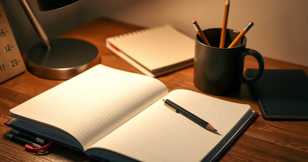 Caderno aberto, lápis e uma caneca sobre a mesa de estudo