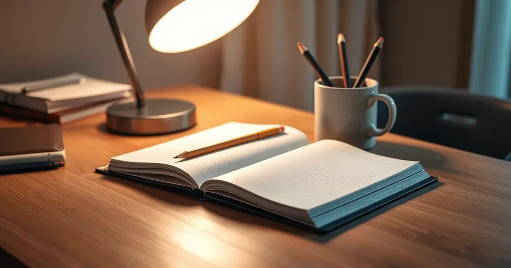 Caderno aberto, lápis e uma caneca sobre a mesa de estudo