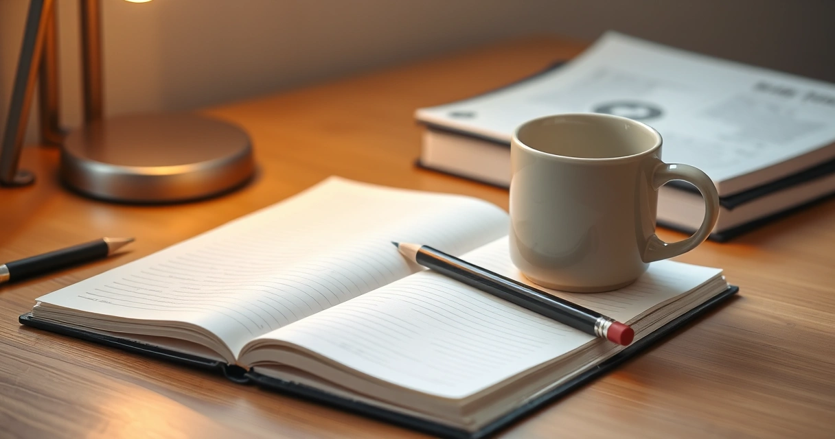Caderno aberto, lápis e uma caneca sobre a mesa de estudo