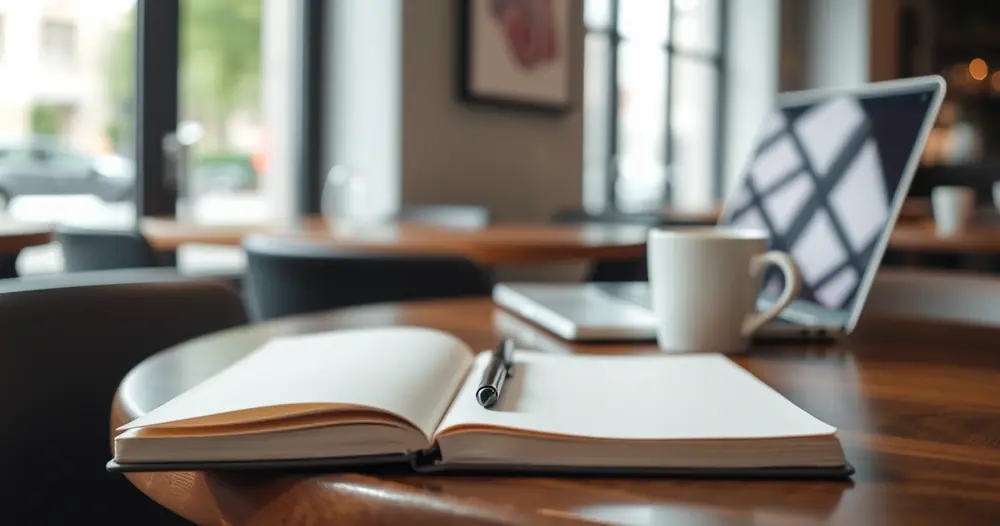 Caderno, café e notebook sobre a mesa de uma cafeteria