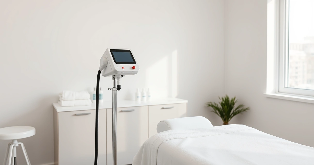 Sala de estética clara, com aparelho de depilação a laser e maca preparada