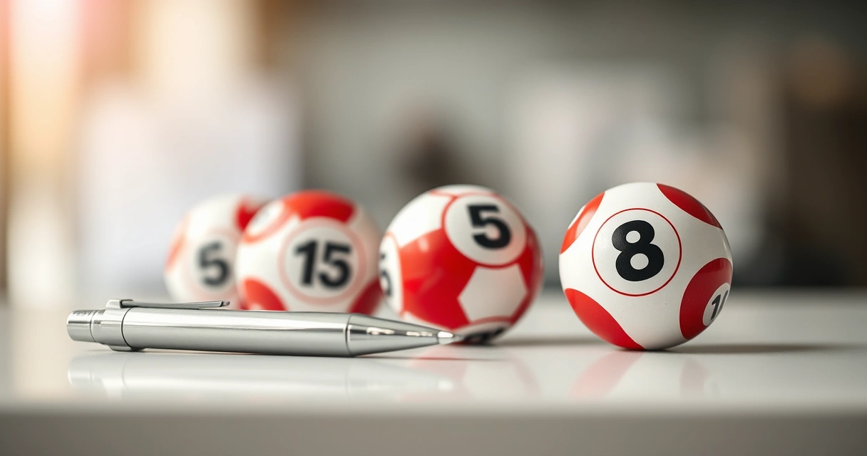 Bolas de sorteio e uma caneta sobre um balcão