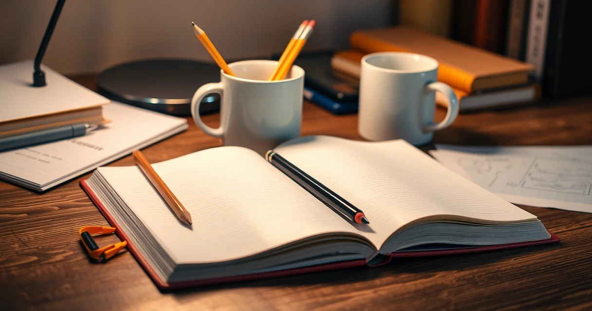 Caderno aberto, lápis e uma caneca sobre a mesa de estudo