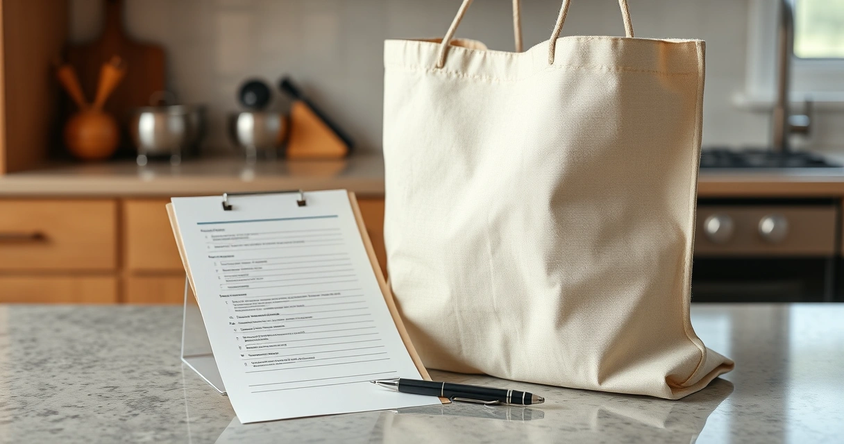 Lista de papel e caneta ao lado de uma sacola na bancada da cozinha