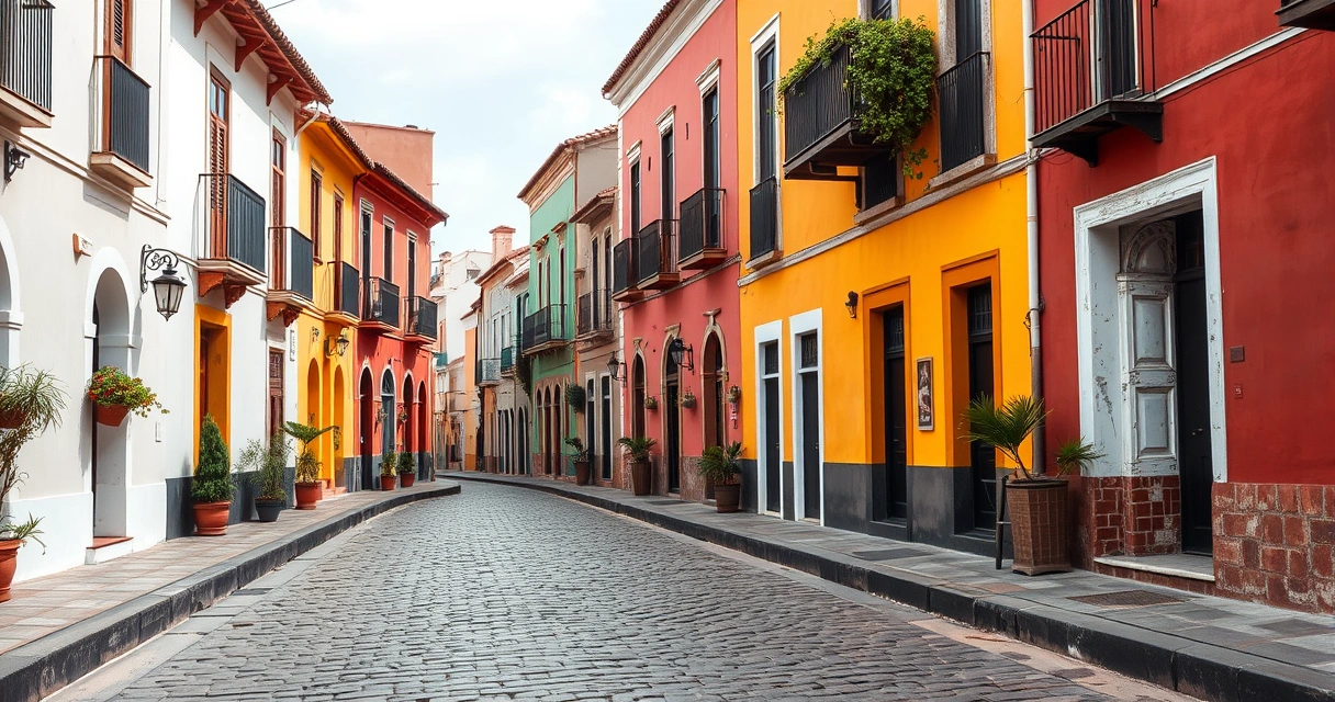 Rua colonial com fachadas coloridas e calçamento de pedra