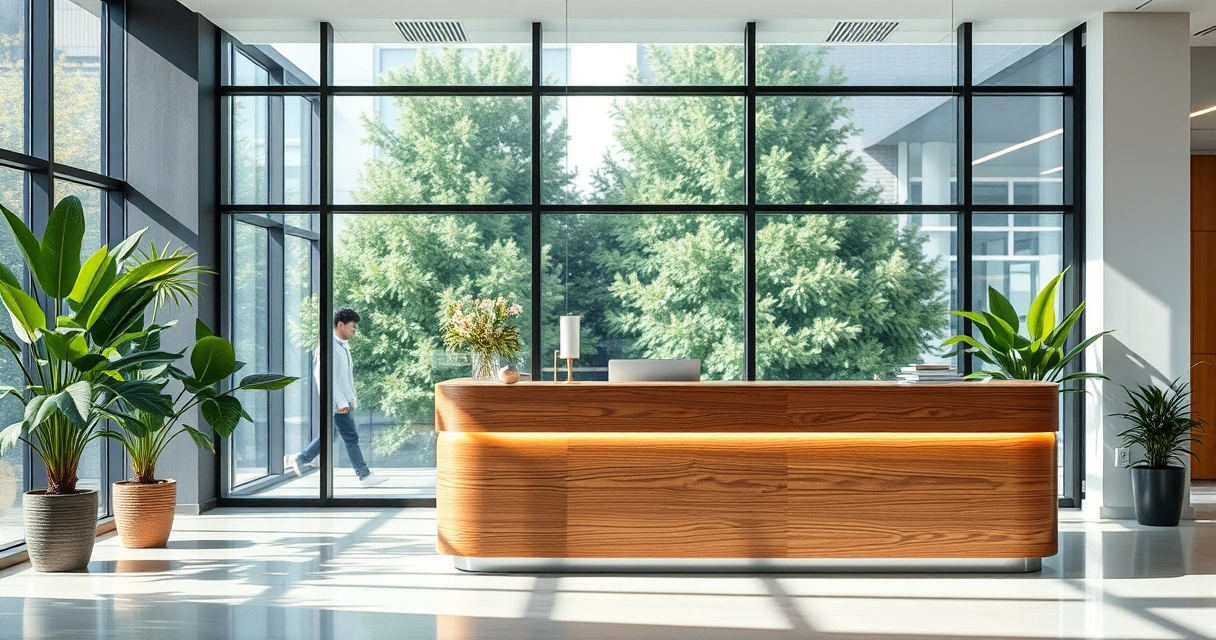 Recepção de escritório com plantas e luz natural pelo vidro