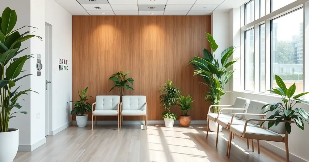 Sala de espera de consultório, com plantas e luz suave