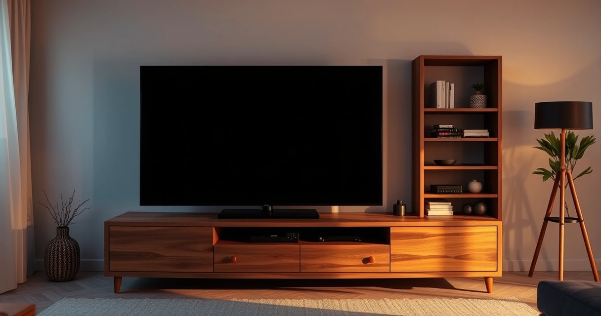 Televisão sobre um rack de madeira numa sala arrumada