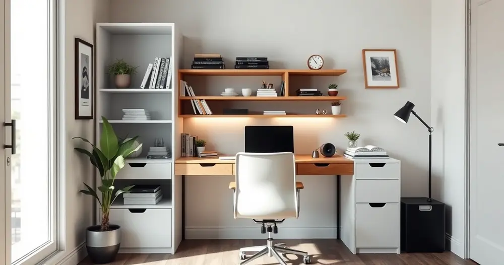Escritório compacto em casa, com mesa, cadeira e prateleiras