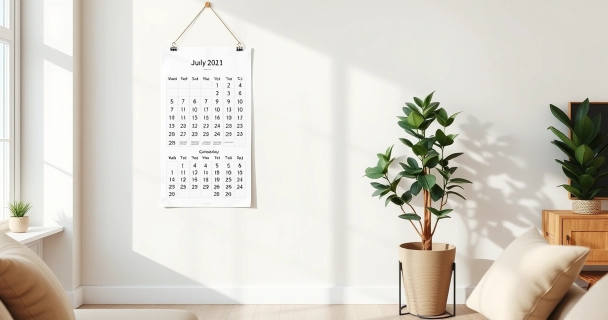 Calendário de parede e um vaso de planta no canto de uma sala