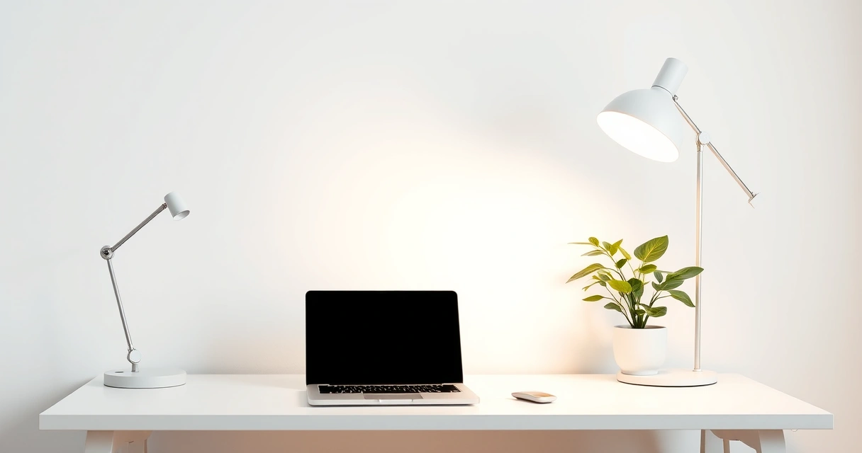 Estação de trabalho organizada, com notebook, luminária e planta