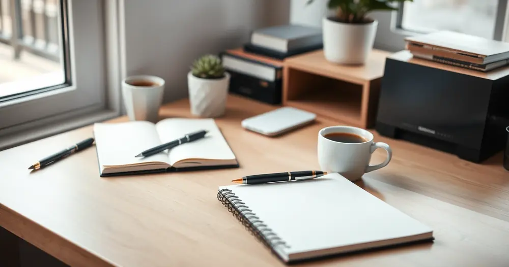 Escrivaninha organizada com caderno, caneta e xícara de café