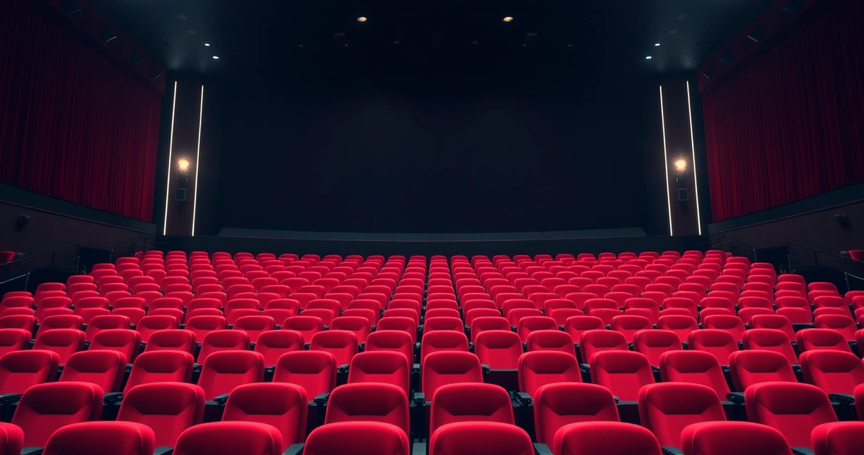 Sala de cinema vazia com poltronas vermelhas