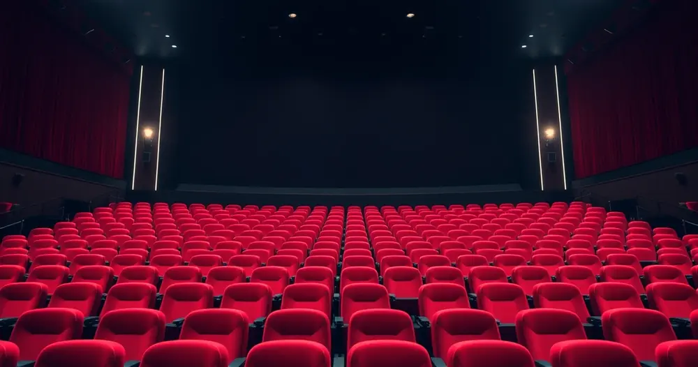 Sala de cinema vazia com poltronas vermelhas