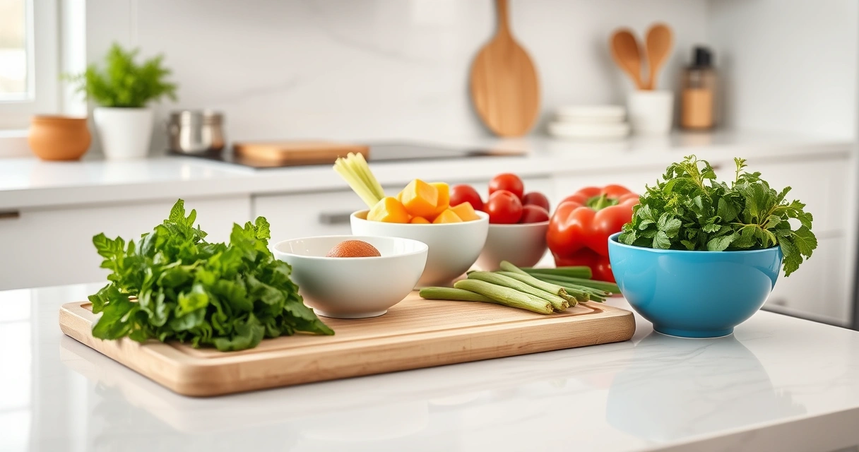 Bancada de cozinha com tábua, tigelas e legumes frescos