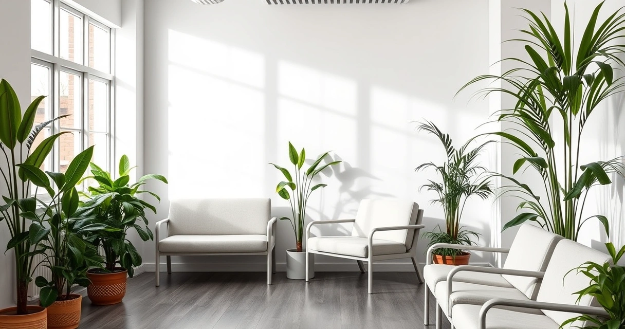 Sala de espera de consultório, com plantas e luz suave