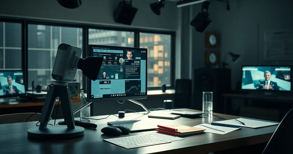 Mesa de redação com monitor e anotações, com luz do dia
