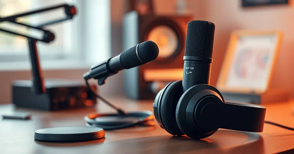 Microfone de podcast e fones de ouvido sobre a mesa