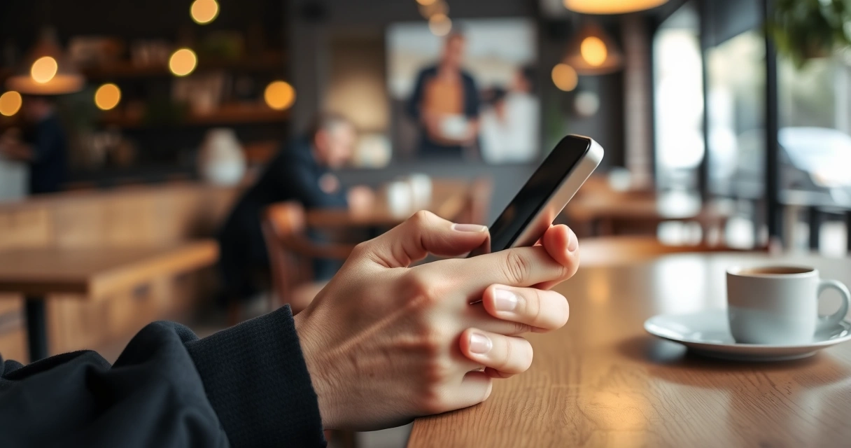 Pessoa segurando um celular na mesa de uma cafeteria