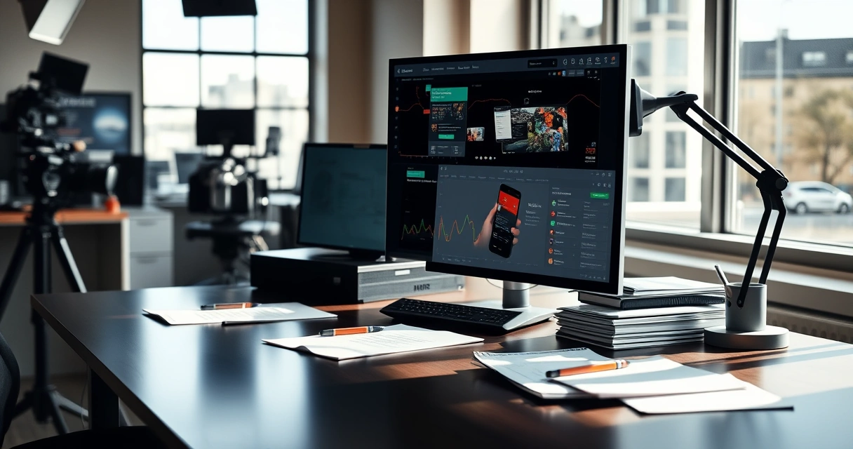 Mesa de redação com monitor e anotações, com luz do dia