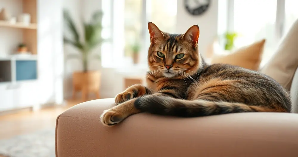 Gato descansando no sofá de uma sala clara