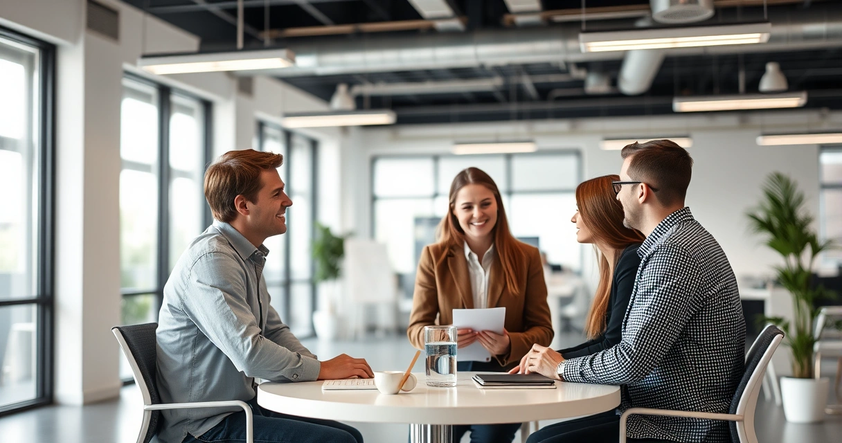 Três pessoas conversando ao redor de uma mesa num escritório claro