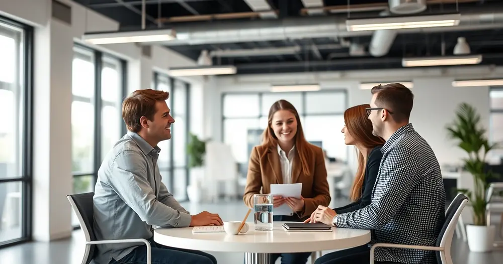 Três pessoas conversando ao redor de uma mesa num escritório claro