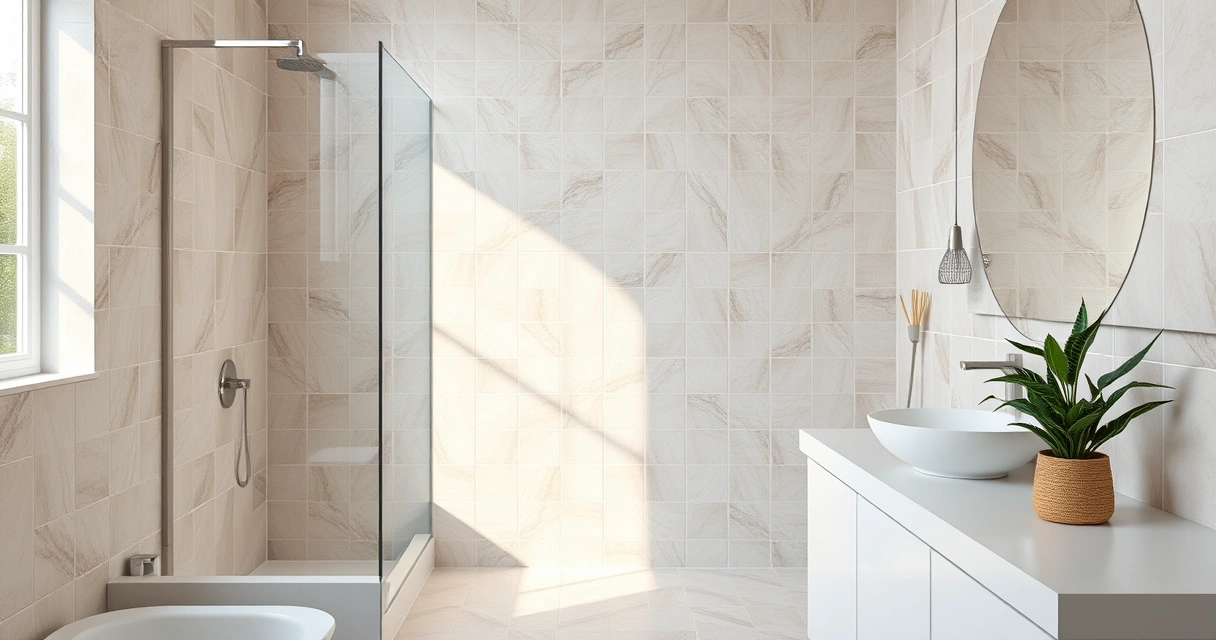 Banheiro moderno e limpo, com azulejos e uma planta