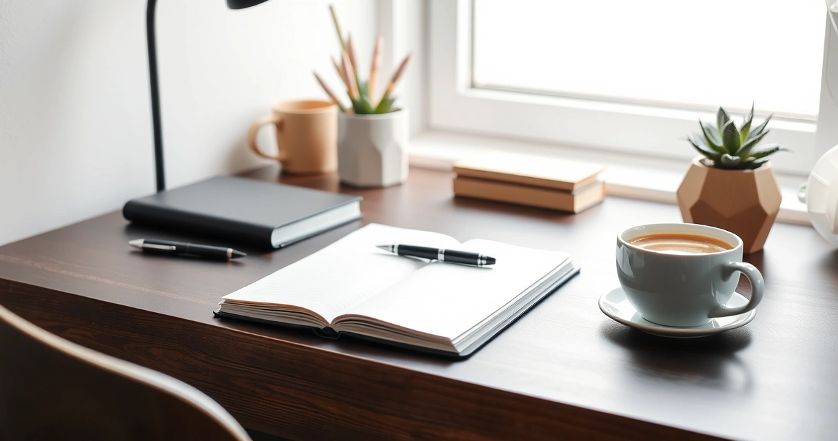 Escrivaninha organizada com caderno, caneta e xícara de café