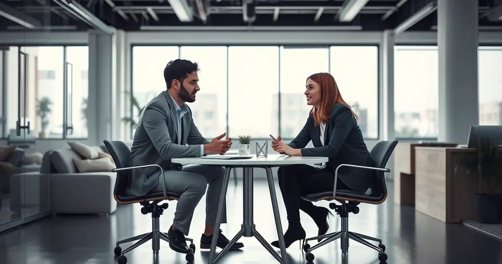 Três pessoas conversando ao redor de uma mesa num escritório claro