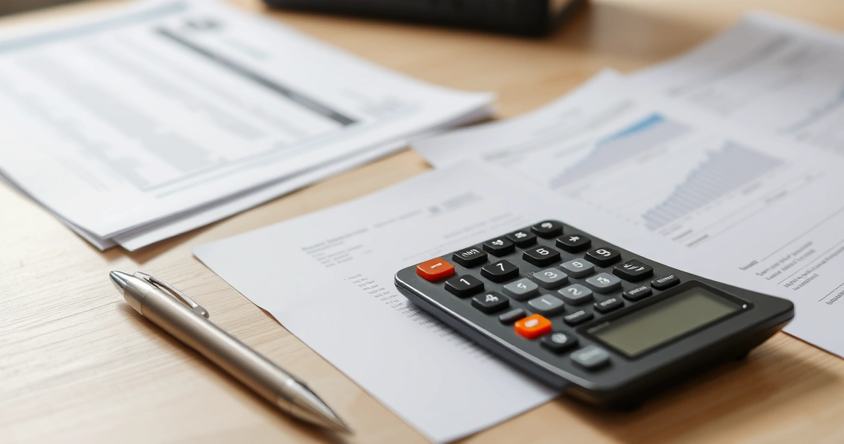 Documentos impressos, calculadora e caneta sobre a mesa