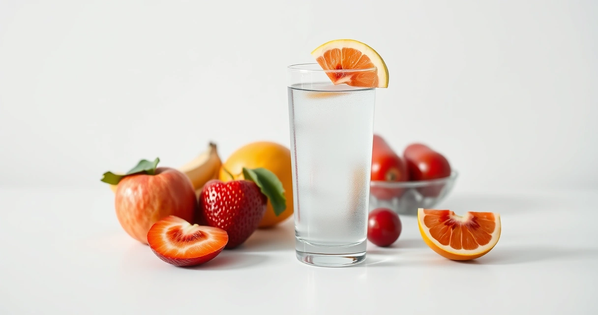 Copo de água e frutas frescas sobre uma mesa clara