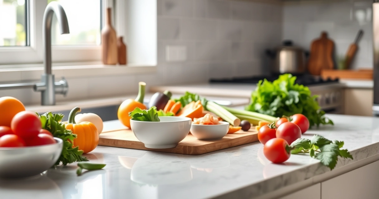 Bancada de cozinha com tábua, tigelas e legumes frescos