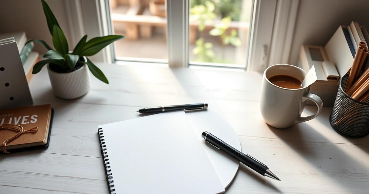 Escrivaninha organizada com caderno, caneta e xícara de café