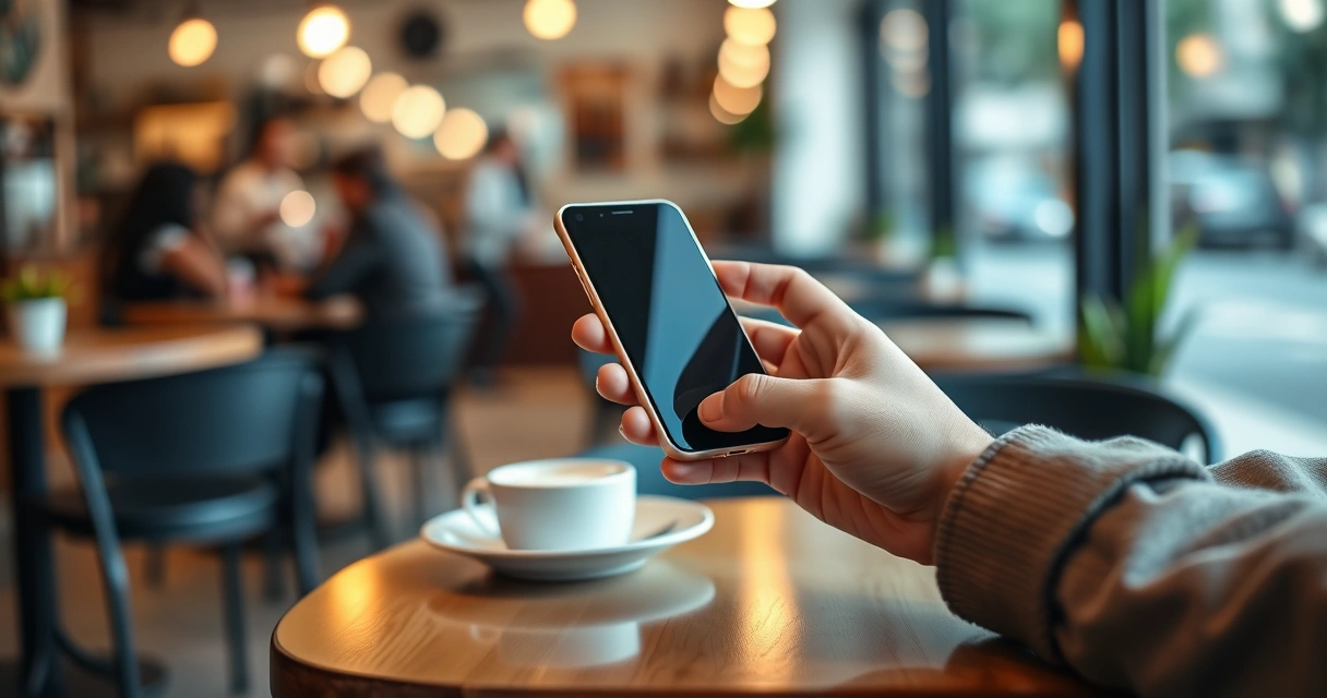Pessoa segurando um celular na mesa de uma cafeteria