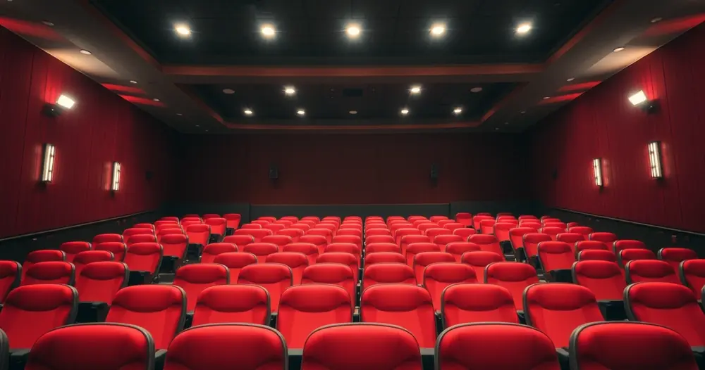 Sala de cinema vazia, com poltronas vermelhas e luz baixa
