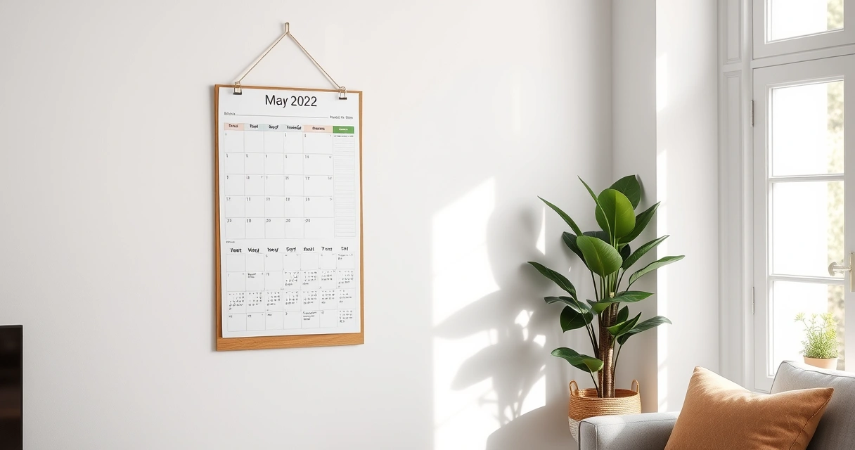 Calendário de parede e um vaso de planta no canto de uma sala