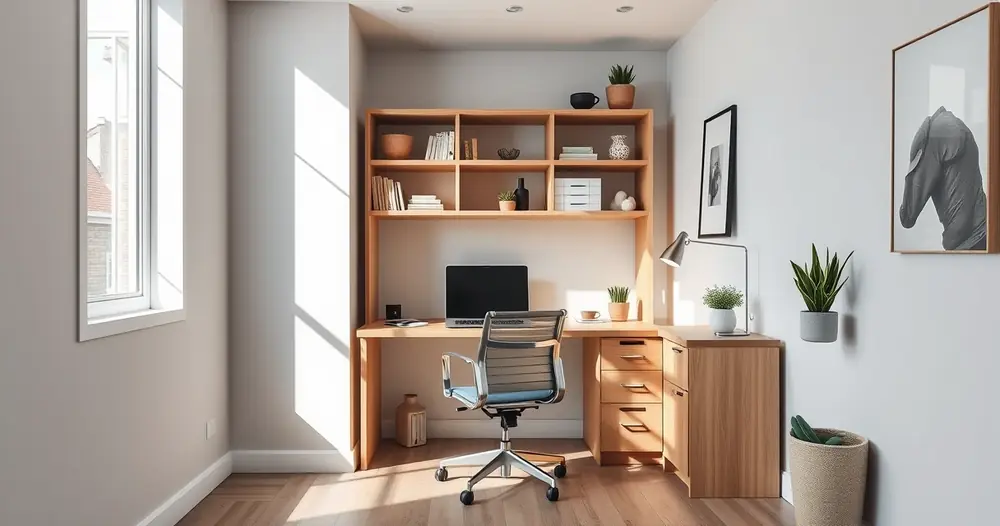 Escritório compacto em casa, com mesa, cadeira e prateleiras